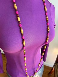 Vintage Long Hot Pink Hippie Plastic Beaded Necklace