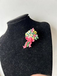 Vintage Floral Bouquet Tie Pin/Pink Bow