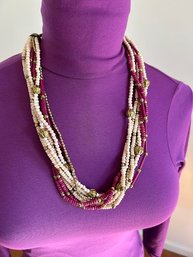 Vintage Soft-Soft Lavender, Gold And Bone Color Beads On Multi-Strand Necklace