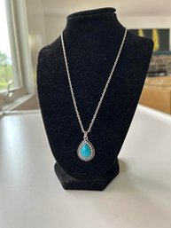 Faux Turquoise  On Silver Tone Chain And Pendant Setting
