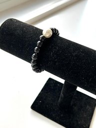 Black Glass And Faux Pearl  Beaded Stretchy Bracelet