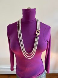 Couture Large Crystal Rectangle Stone/Gold Tone Buckle Long 3 Strand Faux Pearl Necklace