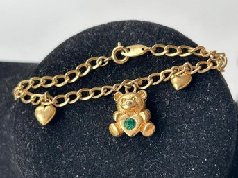 Avon Small Wrist Gold Tone Teddy-Bear And Hearts Charm  Small Bracelet