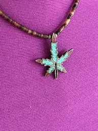 Vintage Marked 'Sterling' Pendant  Cannabis And Turquoise Bohemian Hippie Necklace