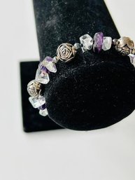 Handmade Natural Color Mixed Stone With Silver Tone Rosebud Bracelet