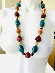 Vintage Carved Wood/ Metal And Plastic Large Beaded Bohemian Necklace