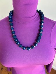 Vintage Navy Blues And Silver Beaded Plastic Necklace