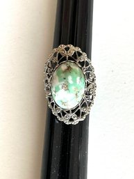 Vintage Filigree Design Beautiful Green And White Adjustable Ring