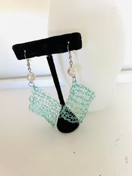 Hand Wire Knit Teal Mesh With Faux Pearl Earrings