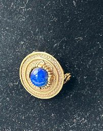 Vintage Gold Tone Round Pin Blue Plastic Center  Setting Brooch