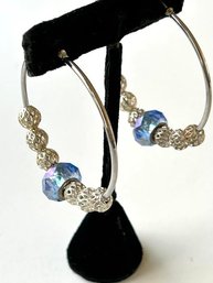 Handmade Beautiful Large Hop Earrings With String Blue Center Stone