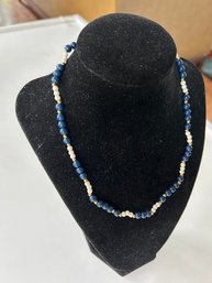 Signed 'JUST FOR YOU' Small Blue Bead/White And Gold Tone Necklace