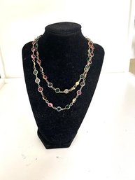 Vintage Austrian Crystal Multi-Colored  On Golden Link Chain Necklace