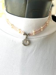 Modern Dusty Pink And Rhinestone Jeweled Pendent Choker Necklace