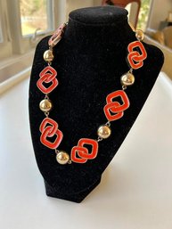 Vintage Signed Liz Claiborne Sculpted Salmon Enameled Necklace On Gold Tone