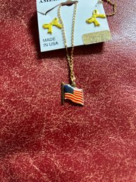 Vintage American Flag Necklace And Yellow Enamel Earrings