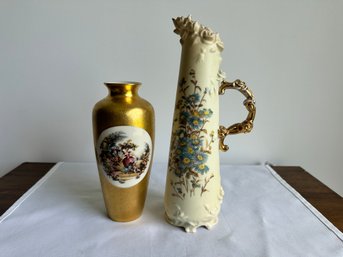 American Pickard Gold Vase And German Ivory-Colored Pitcher