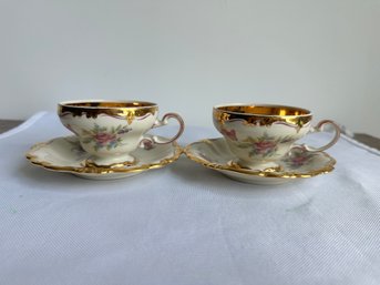 Pair Of Selb Germany Pompadour Tea Cups & Saucers