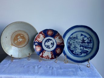 Set Of Antique Hand-Painted Ming Dynasty, Blue Willow, & Japanese Imari Plates