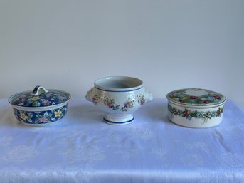 3 Floral Trinket Bowls - 2 Lidded 1 Without (German Chinese & Japanese)