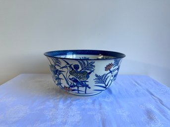 Large Chinese Hand Painted Blue & White Bowl With Leafy Design & Pink Details