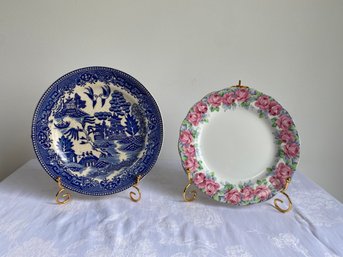 Pair Of Blue Willow & Pink Royal Standard England Plates