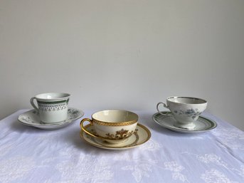 Set Of 3 Porcelain Tea Cups With Saucers - Bavarian, Czechoslovakian & Chinese