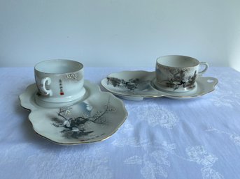 Pair Of Japanese Tea Cups & Long Saucers