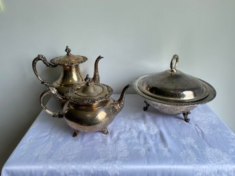 Set Of 2 Silver Tea Pots And Cloche