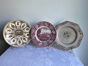 Set Of 3 English Plates - Staffordshire, Wedgwood(shakespearean) & Octagonal Floral Plate