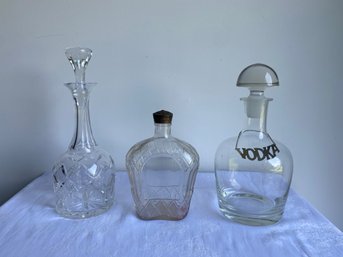 Set Of 3 Glass Decanters - Vodka, Atlas Crystal & Canadian