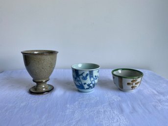 3 Mixed Japanese Tea Cups (2 Porcelain, 1 Pottery)