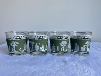 Set Of 4 Wedgwood Style Green Cameo Glass Tumblers