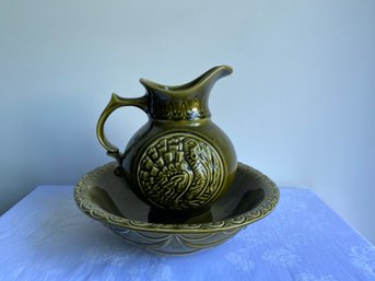 Vintage Green Majolica Wash Basin & Pitcher