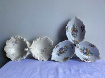 Pair Of Floral Scalloped Sea Shell & 3-Leafed Serving Dishes