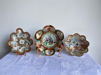 3 Japanese Kutani Scalloped Dishes