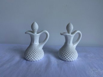 Small Pair Of Milk Glass Hobnail Cruet For Olive Oil & Balsamic Vinegar