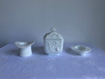 Set Of 3 Hobnail Milk Glass: Trinket Box & Ashtray Shaped Hats