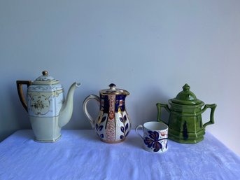 3 Mixed Porcelain Tea Pots & 1 Tea Cup (Nippon,Sudlows,and Green)