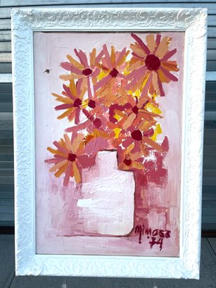 MCM Style Floral Painting On Canvas. Framed. Signed 'mimosa 74'