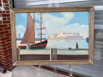 Vintage Minimalist Dock Scene Painting On Board Professional Framed And Matted