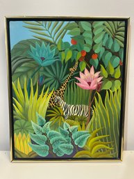 1976 Jungle Scene Painting On Canvas Signed Chavez
