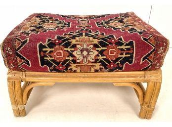 Vintage Rattan Ottoman Stool With Handwoven Persian Rug Cushion