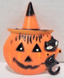 Vintage Halloween Decoration Jack O Lantern With Witch Hat & Black Cat