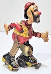 1950S TPS JAPAN TIN LITHO ROLLER SKATING CLOWN CLOCKWORK WIND UP TOY WORKS