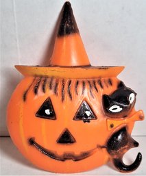 Vintage Halloween Decoration Jack O Lantern With Witch Hat & Black Cat