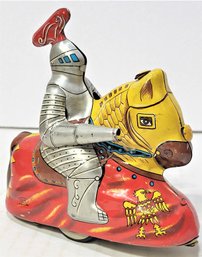 Vintage Haji Japan Jousting Knight On Horse Clockwork Windup Tin Toy - Works