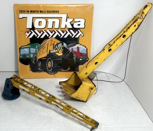 Vintage Pressed Steel Heavy Equipment Arm Bucket Shovel, Spinning Rail, 2024 Tonka 16 Month Calendar Sealed