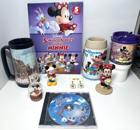 Vintage Walt Disney Grouping Book, Thermos, Earrings,snow Globe Etc. 9 Items