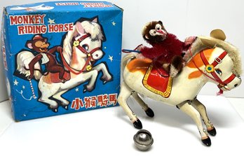 Vintage Tin Litho Key Windup Monkey Riding Horse Works No Key 5' In Original Box